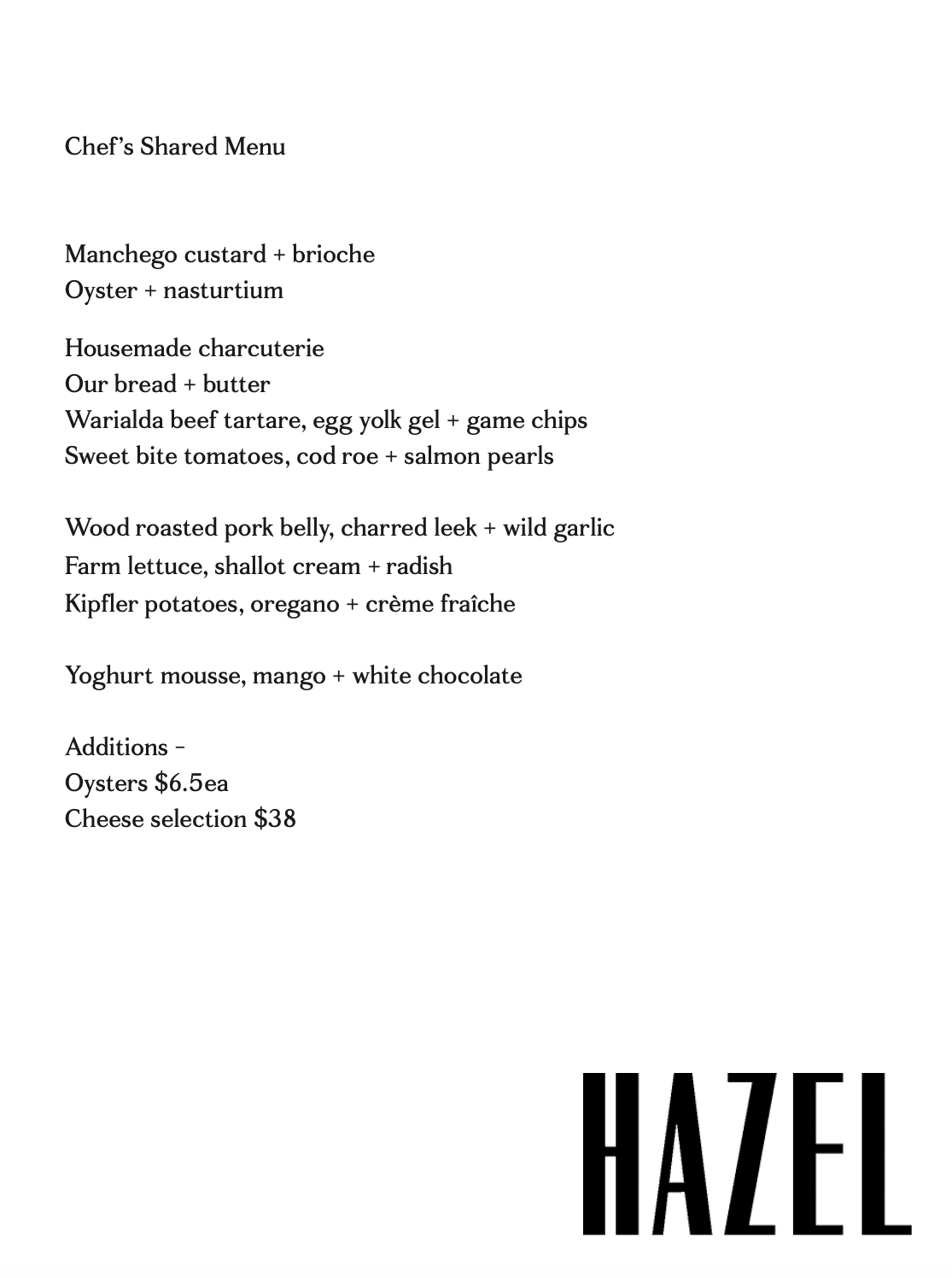Menu Hazel Restaurant